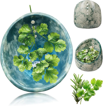 Pottery Herb Stripper Bowl, Ceramic Herb Stripper, Handmade Leaf Removal Cup with Different Sized Round Holes for Parsley, Cilantro, Rosemary & Salad Cooking(Blue)