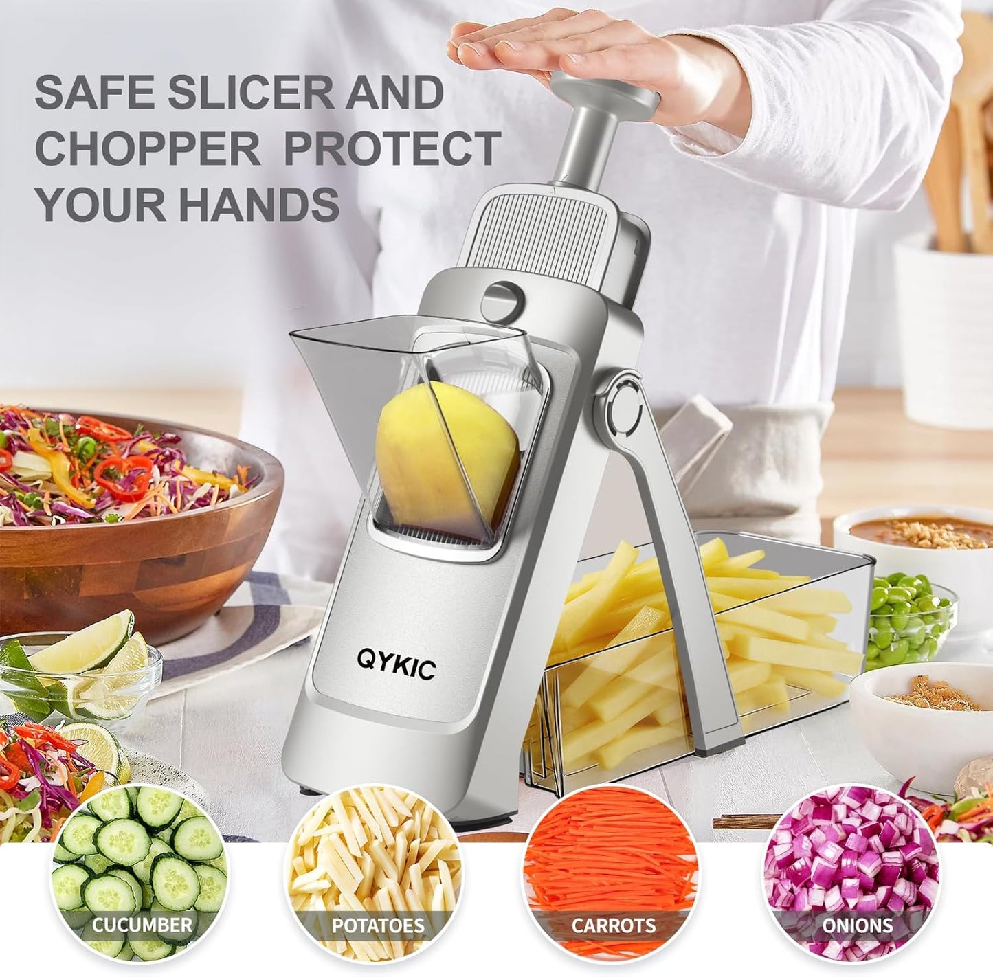 QYKIC Upgrade Safe Mandoline Slicer for Kitchen, Vegetable Chopper and Slicer, Potato Slicer Thickness Adjuster, French Fry Cutter, Veggie Onion Dicer Faster Kitchen Mandolin for Meal Prep
