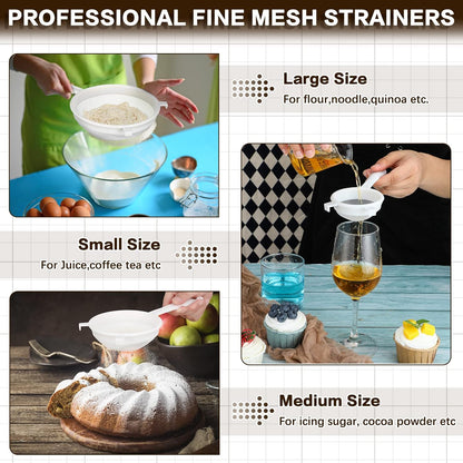 3 Pcs Plastic Nylon Mesh Strainer Colander with Handle Double Ear Fine Food Mesh Strainer Flour Sifter for Baking Kitchen Colander Sifter Kefir Tea Juice Pasta(3 Inch, 4 Inch, 5.5 Inch)