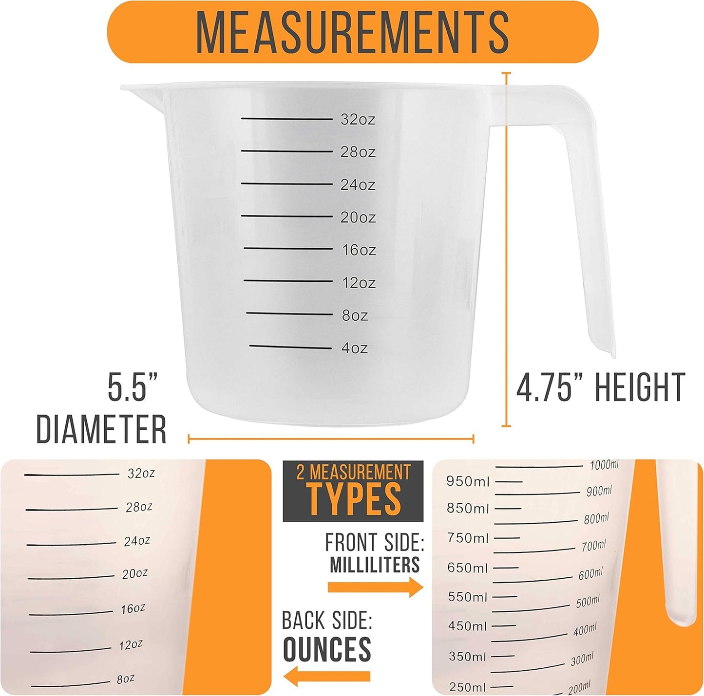U.S. Kitchen Supply Plastic Measuring Cups with Handles - 8 oz (250 ml) Liquid Measuring Cup Set of 6 - Clear Microwave Safe Kitchen Cups - Measure in mL or Ounces, Measurement Cup for Cooking