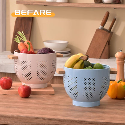 Metal Colander with Wood Handle and Stable Base, 5.5 Quart Powder Coated Steel Kitchen Strainer Basket for Draining Pasta, Vegetable and fruit,Cream
