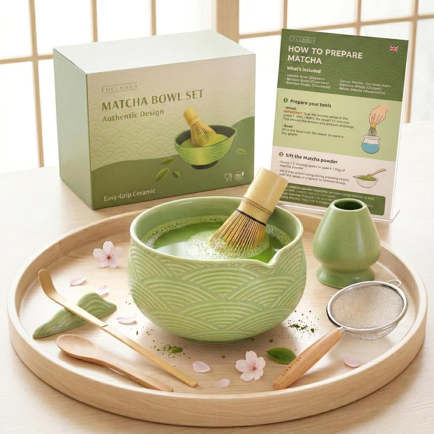 EDELHAUS Matcha Kit Whisk Set (7 Pcs) - Complete Matcha Set, Matcha Bowl with Spout, Whisk with Holder, Bamboo Scoop with Rest and Sifter, Perfect Kit for Matcha Lovers (Sakura Pink)