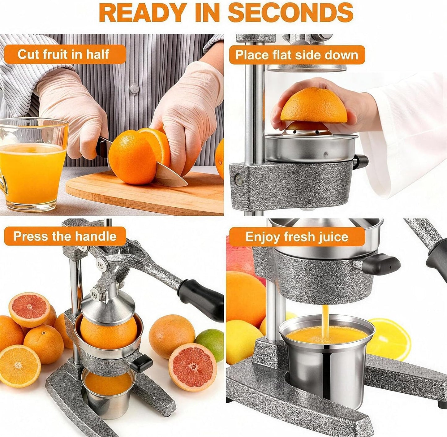 Cast Iron Citrus Juicer - 13.8LB Heavy Duty Manual Orange Press, 304 Stainless Steel Cup & Strainer, Professional Lemon Grapefruit Pomegranate Squeezer for Home Bar Kitchen, Orange