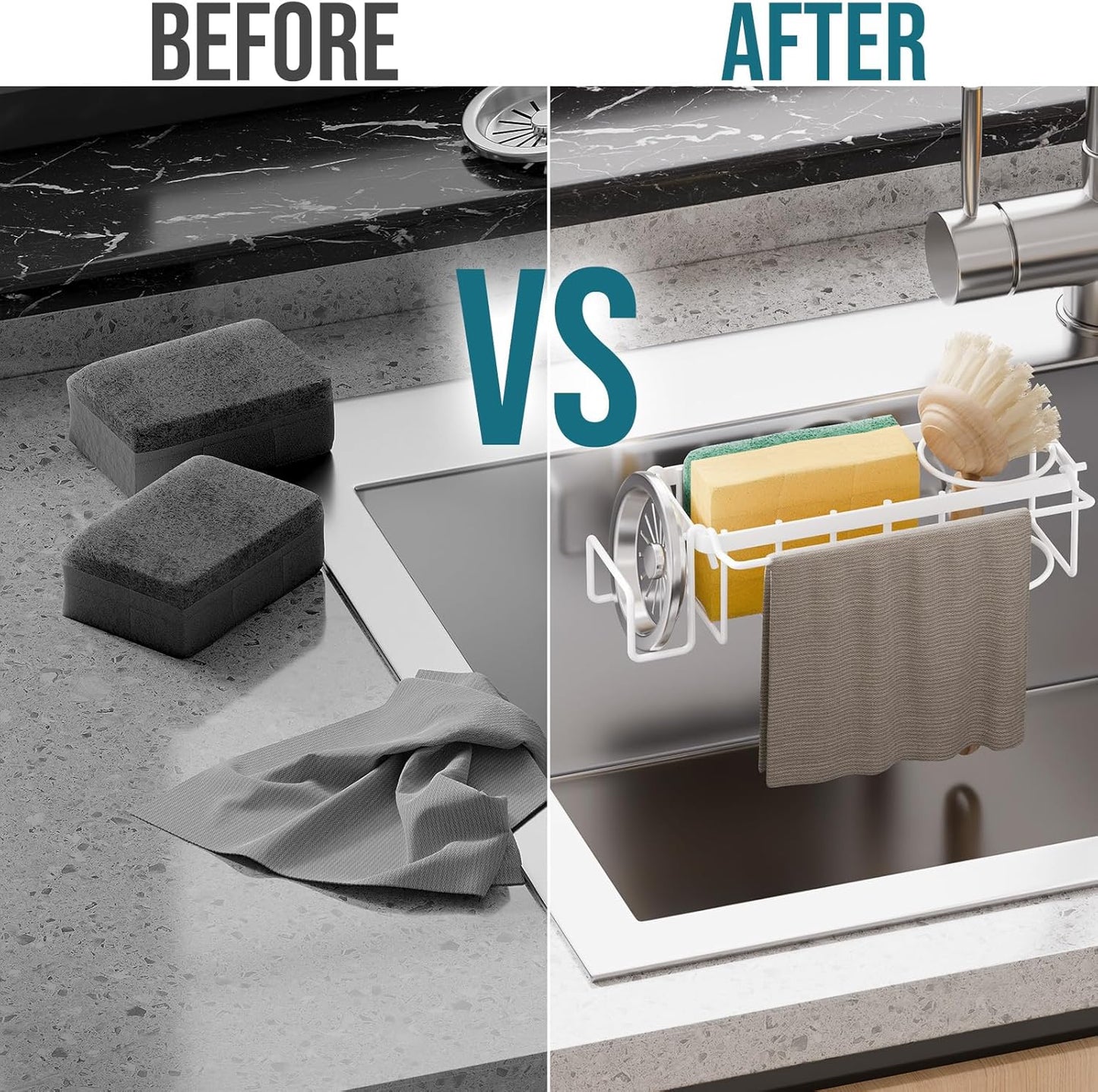 TAILI Sponge Holder for Kitchen Sink with Strong Suction Cup Removable, Rustproof Aluminum Sink Caddy for Sponge, Brush, Scrubber, Scraper -Silver