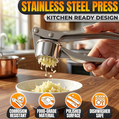 Stainless Steel Garlic Press - Ginger Mincer with 37 Built-In Studs for Maximum Extraction, for Garlic, Ginger and Soft Nuts - Ergonomic Handle, Dishwasher Safe and Rust-Resistant, No Peel Needed