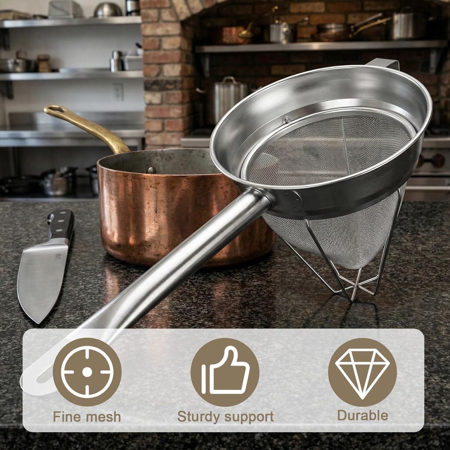 Stainless Steel Bouillon Strainer, 8-Inch Conical Fine Mesh, Heavy-Duty with Support Ring