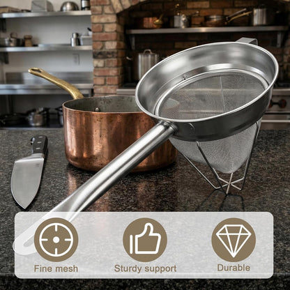 Stainless Steel Bouillon Strainer, 8-Inch Conical Fine Mesh, Heavy-Duty with Support Ring