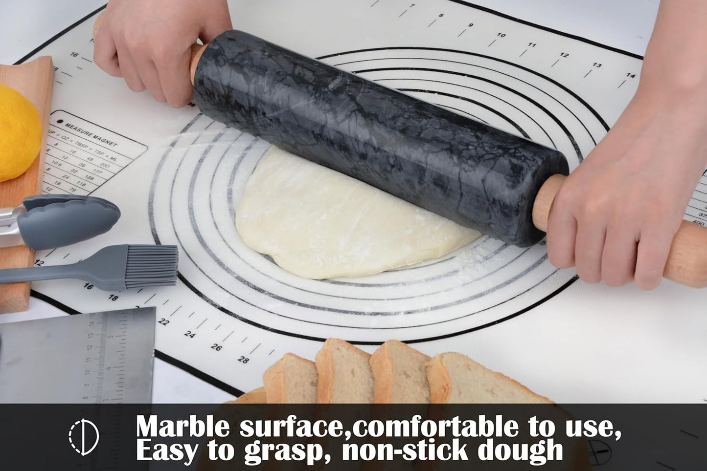 Marble Rolling Pin with Wooden Cradle Thick Handle Set for Baking,18.5 inch Premium Quality Polished Roller for Pizza Dough,Fondant,Pie Crust,Non-Stick Surface Easy to Clean(White)