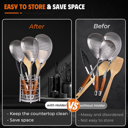 MARTE Skimmer Slotted Spoon Set of 4 - Kitchen Pasta Strainer Spoon - Spider Strainer Skimmer Ladle Spoon with Holder for Cooking and Frying Food, Spaghetti, Vegetable, Dumpling - 14.8In,16.5In,17In