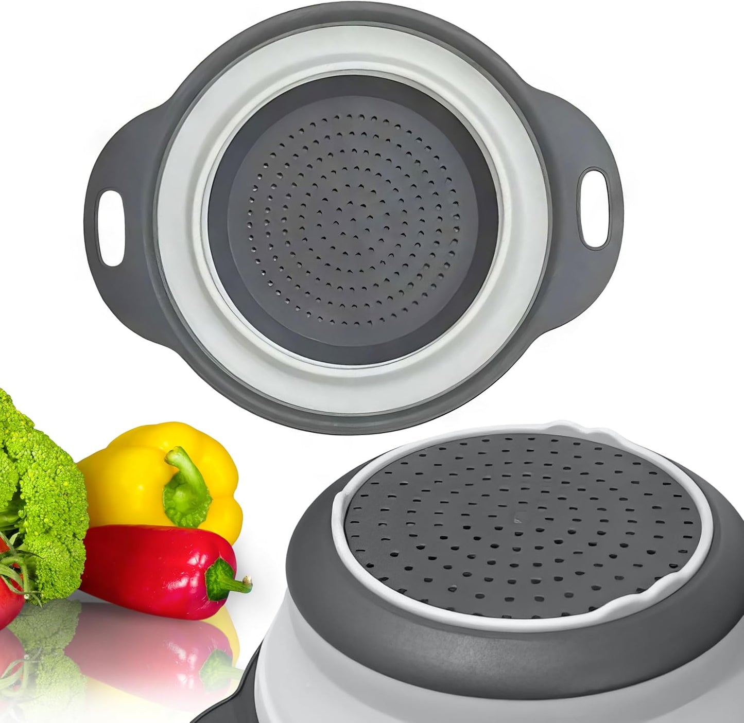 Green Kitchen Strainer Colander Set - 2 PCS Multifunctional Colander Silicone Food Strainers for Kitchen for Pasta and Spaghetti Collapsible with Plastic Handles