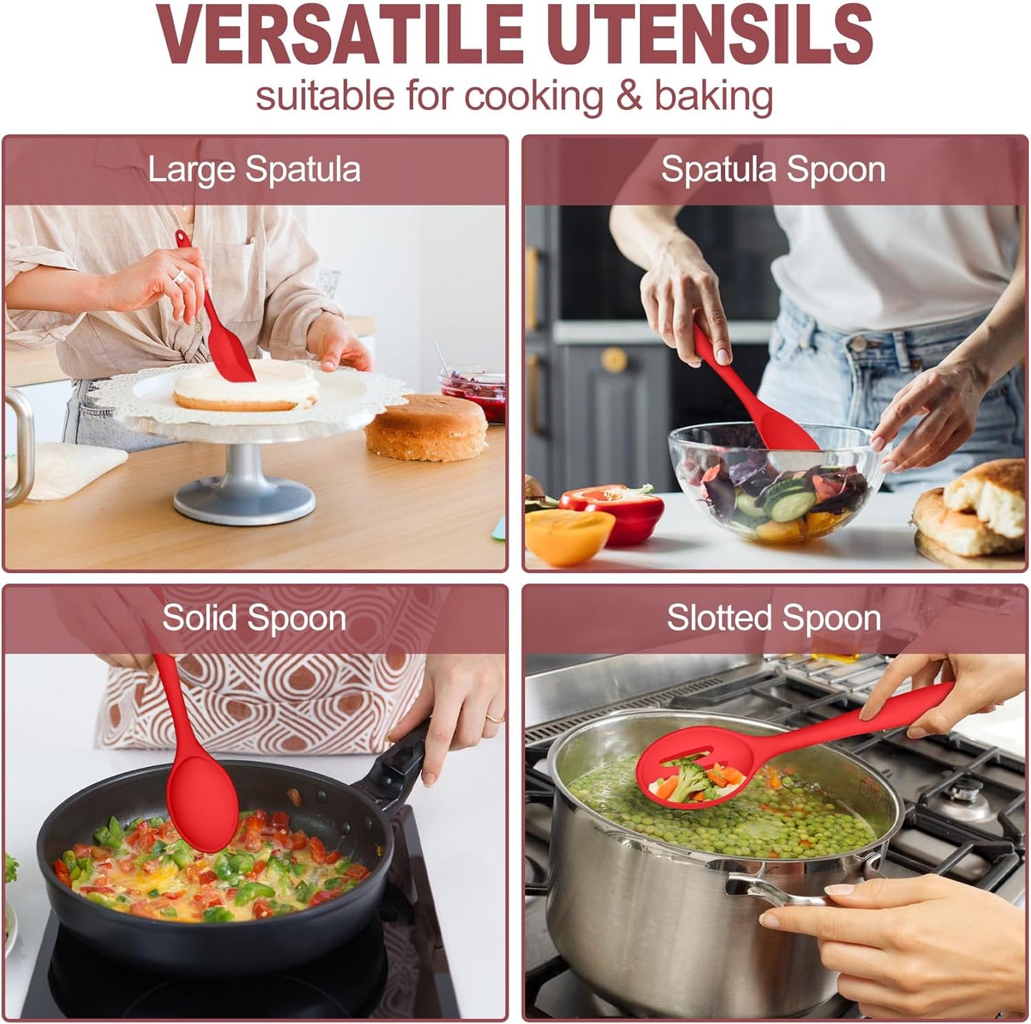 TeamFar Silicone Cooking Utensil Set of 7, Black Kitchen Nonstick Tools Turner Spoon Spatula Ladle Pasta Server for Nonstick Cookware, Healthy & One-Piece, Anti-Heat & Dishwasher Safe