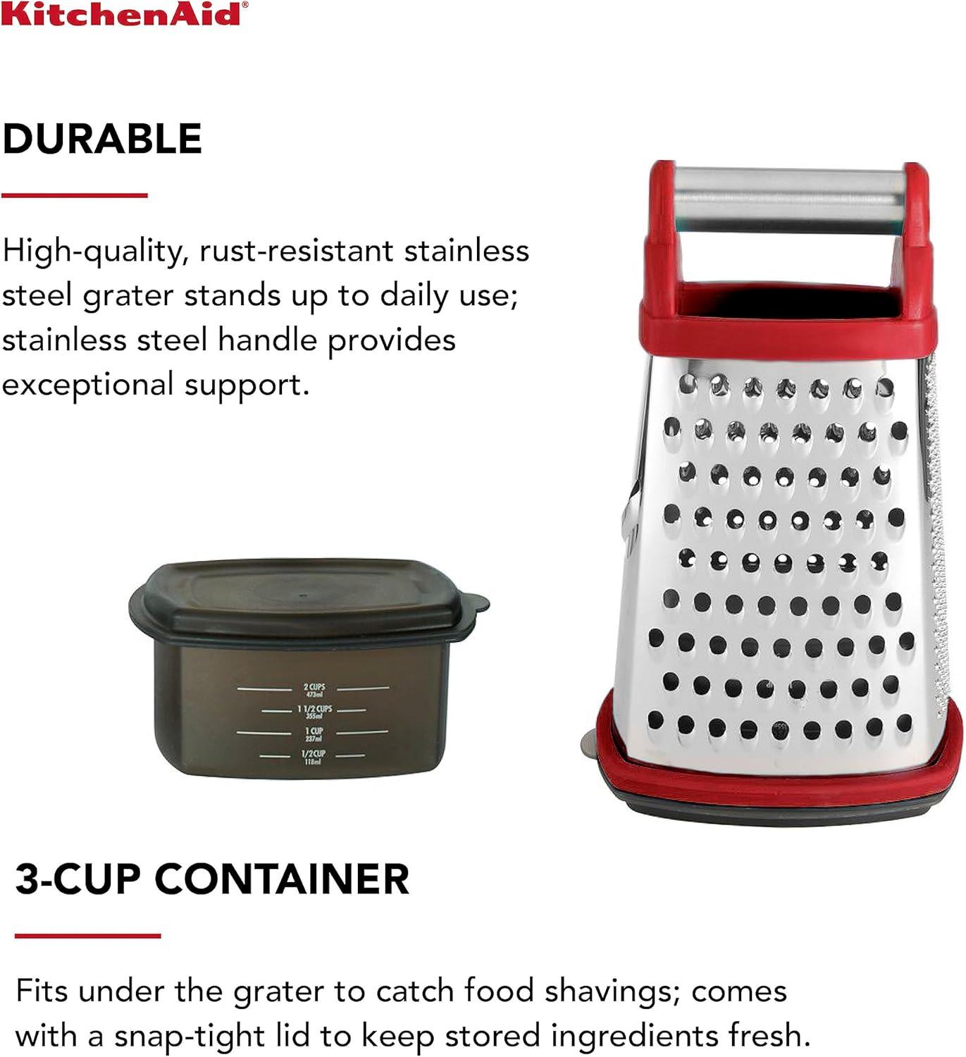 KitchenAid Gourmet 4-Sided Stainless Steel Box Grater for Fine, Medium and Coarse Grate, and Slicing, Detachable 3 Cup Storage Container and Measurment Markings, Dishwasher Safe, 10 inches tall, Black