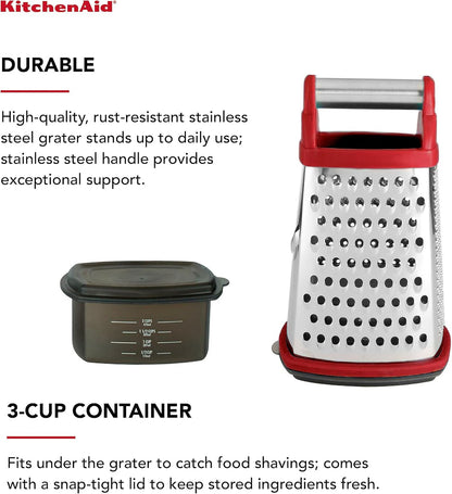 KitchenAid Gourmet 4-Sided Stainless Steel Box Grater for Fine, Medium and Coarse Grate, and Slicing, Detachable 3 Cup Storage Container and Measurment Markings, Dishwasher Safe, 10 inches tall, Black