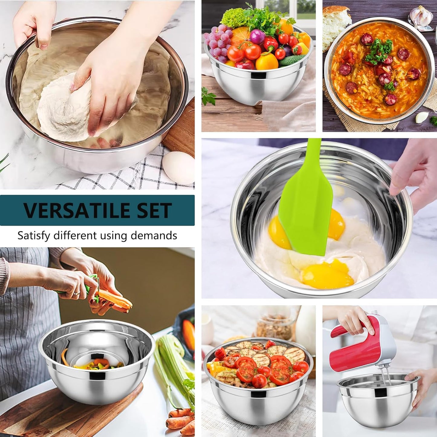 P&P CHEF Mixing Bowl with Lid Set of 7, Stainless Steel Nesting Salad Bowls for Cooking Serving Prepping, Clear Lids & Stackable Design, Size 4.6, 3.5, 3, 2, 1.5, 1, 0.7 Qt - Khaki