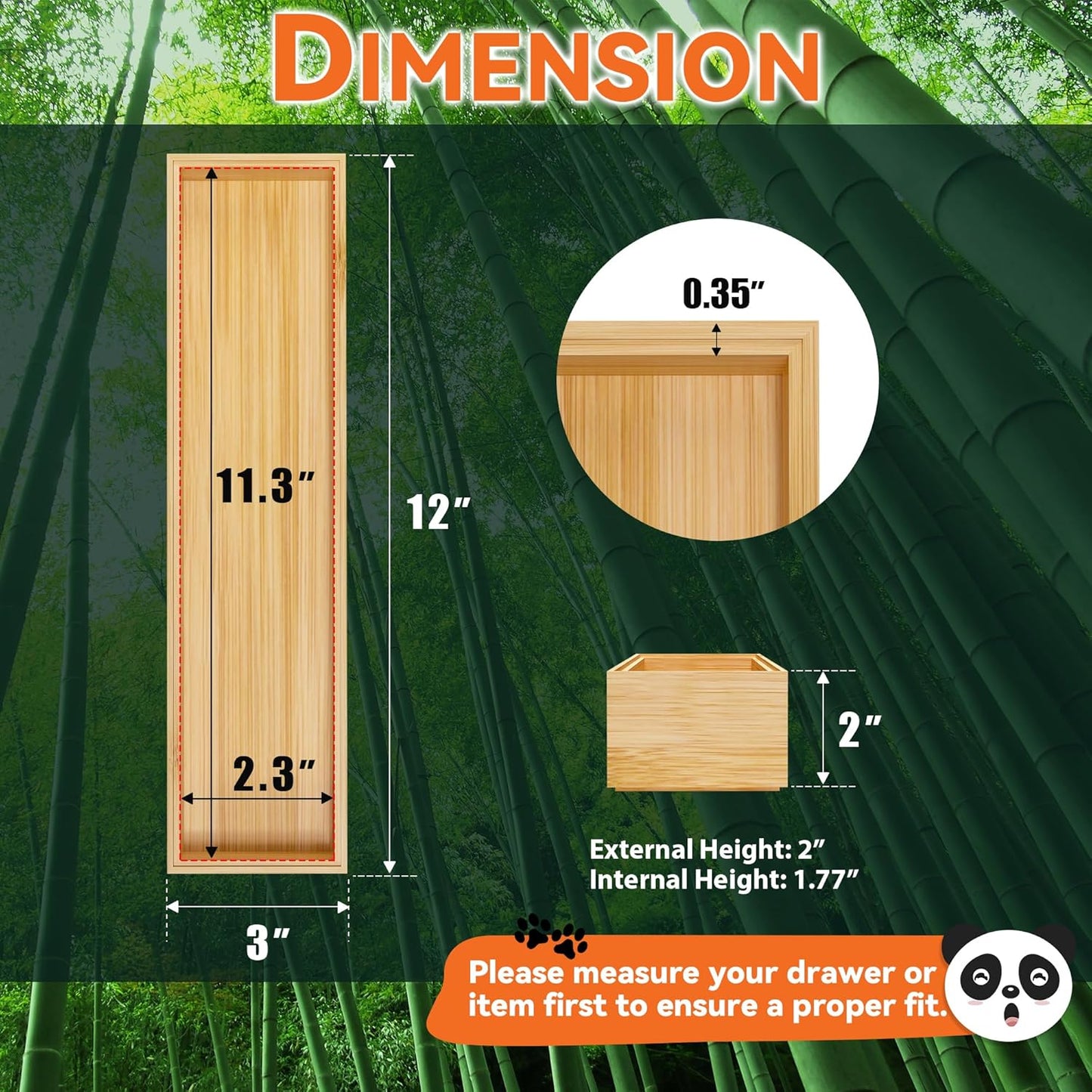 Lixple Bamboo Drawer Organizer, Narrow Stackable Cutlery Tray for Kitchen, 2 Pcs Silverware & Utensil Box, 12" x 3" x 2" (Outer), 11.3" x 2.3" x 1.77" (Inner)