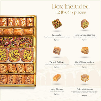 Damaskino Home Assorted Turkish Baklava Gift Box – 1.1lb (500g) 35 Pieces – Traditional Pistachio Baklava Pastry with Walnut & Cashew Fillings – Authentic Middle Eastern Sweets – Pistachio Gift Box