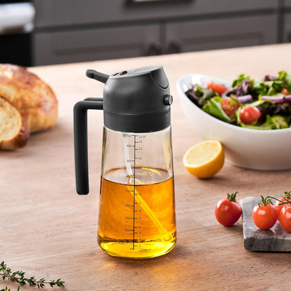 FineDine 16oz Olive Oil Sprayer for Cooking, 2 in 1 Olive Oil Dispenser Bottle for Kitchen, Air Fryer, Salad, BBQ & Baking – Dual Spray Mist & Stream, with Measurement Marks, Black