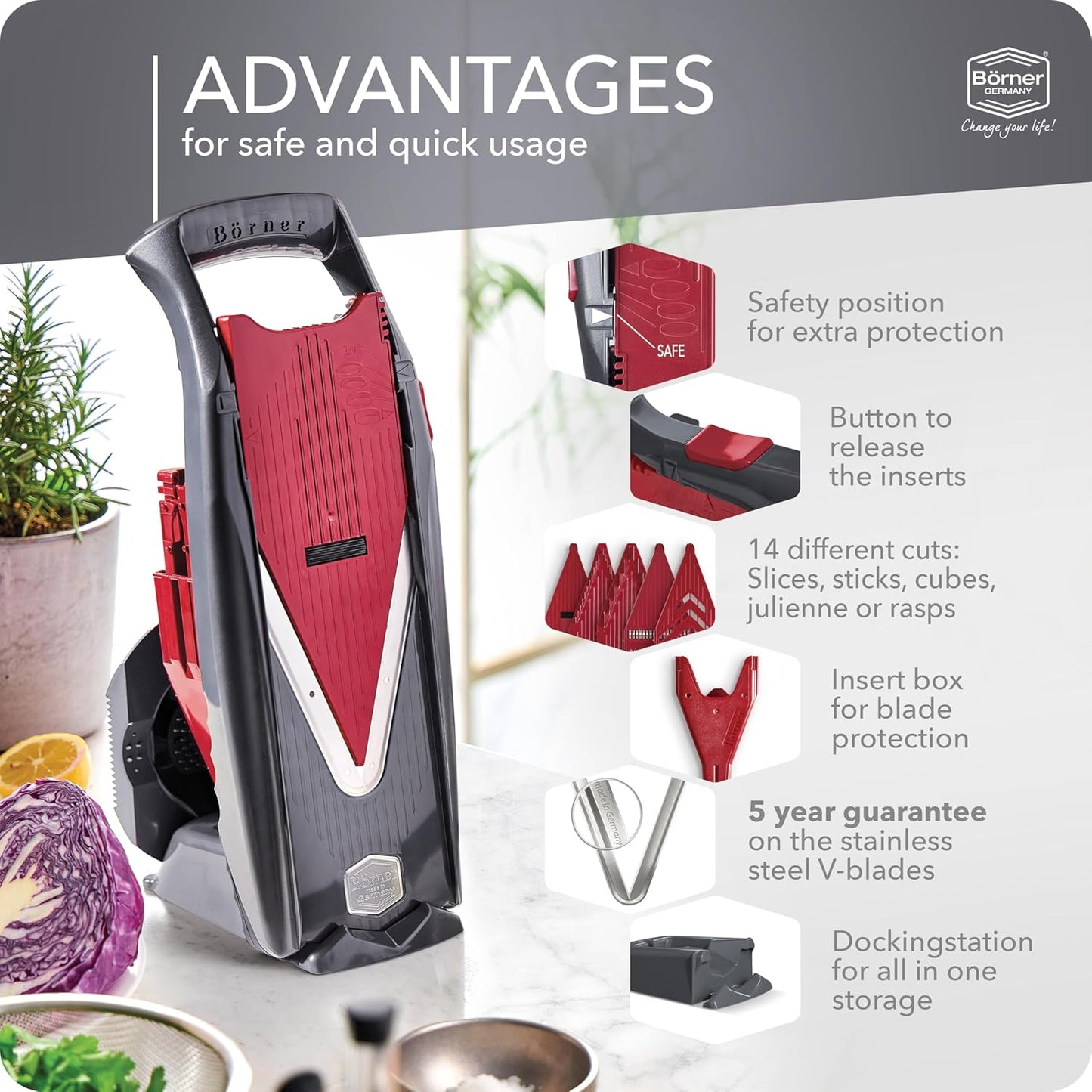 Börner by Reston Lloyd Mandoline Slicer Vital (Basic Set) • V-Slicer with 10 Cutting Styles & Safety Food Holder • Adjustable Kitchen Slicer & Dressing Function
