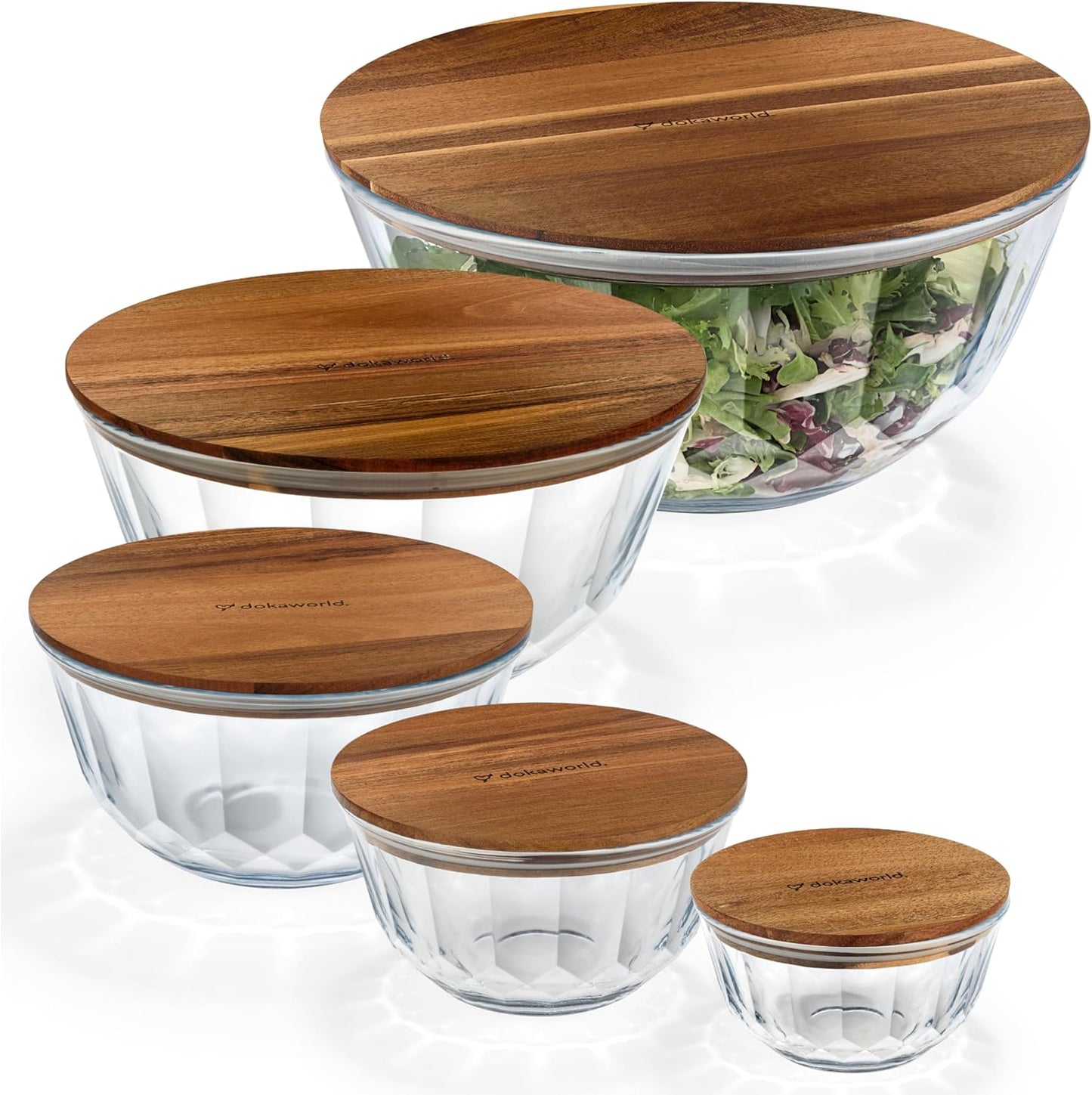 Set of 5 Nesting Glass Bowls with New Updated Acacia Lids for Foodprep, Storage, Mixing & Cooking - Microwave & Oven-ready BPA Free Durable Heat Resistant Inert Borosilicate Glass
