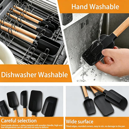 7 Piece Silicone Spatula Set, Food Grade Rubber Spatula Set with Wooden Handle, Heat Resistant Up to 600°F, Silicone Utensils Set for Baking, Cooking & Mixing, Jar, Non-Stick Kitchen Utensils