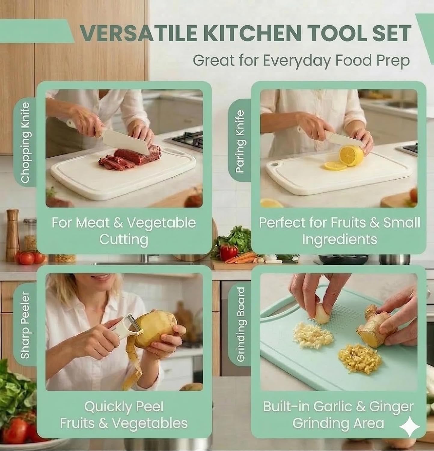 7 in 1Cutting Board and Knife Set, Travel Cutting Board Set with 2 Knives, Kitchen Scissors & Peeler, Collapsible 2-Piece Colander Wash Basin 30.5×27.8cm, Camping Cutting Board, Camping Knife Set