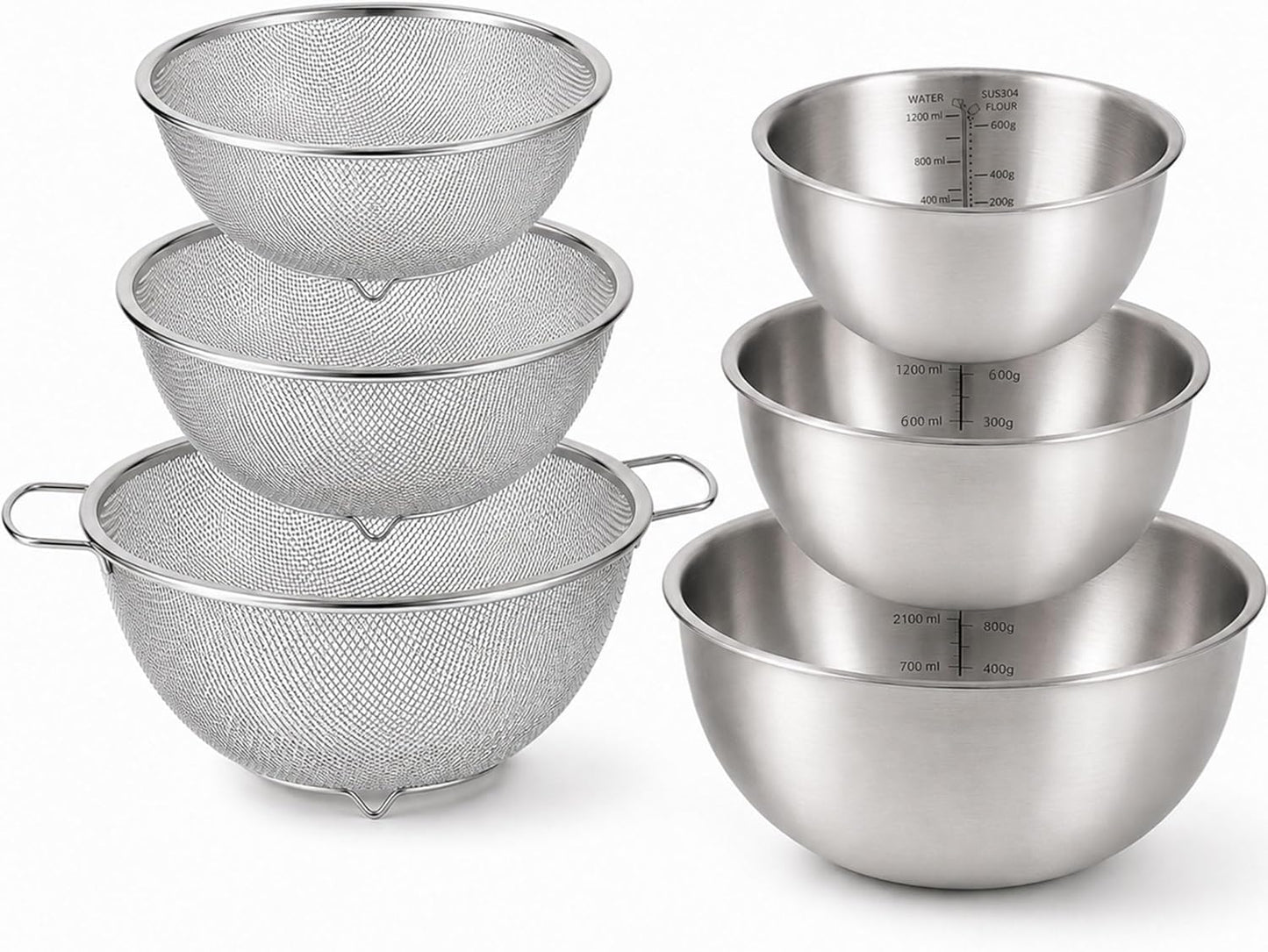 3.5QT Stainless Steel strainer bowl Set, Rice Washing Bowl with SUS304 Food Grade Metal Mixing Bowl with Measurement Marks, Large Fruit Washing Bowl for Rice, Quinoa, Pasta, Vegetables,2 Pack