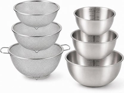 3.5QT Stainless Steel strainer bowl Set, Rice Washing Bowl with SUS304 Food Grade Metal Mixing Bowl with Measurement Marks, Large Fruit Washing Bowl for Rice, Quinoa, Pasta, Vegetables,2 Pack