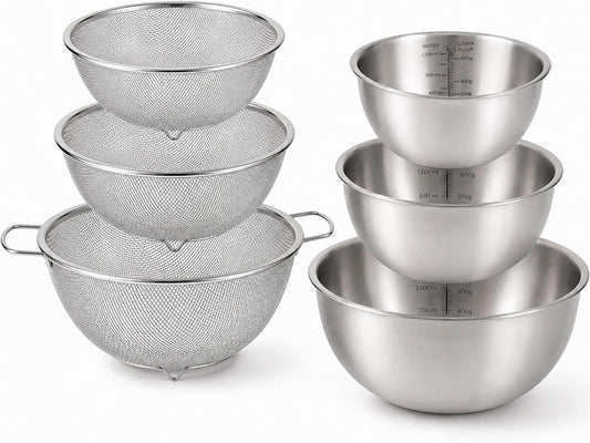 3.5QT Stainless Steel strainer bowl Set, Rice Washing Bowl with SUS304 Food Grade Metal Mixing Bowl with Measurement Marks, Large Fruit Washing Bowl for Rice, Quinoa, Pasta, Vegetables,2 Pack