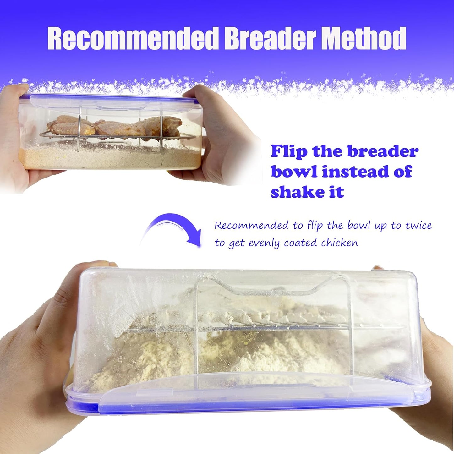 Batter Bowl, Breading Bowl with Lid Flour Shaker for Seasoning Fried Chicken, Fish, Shrimp, Just Flip (Blue)