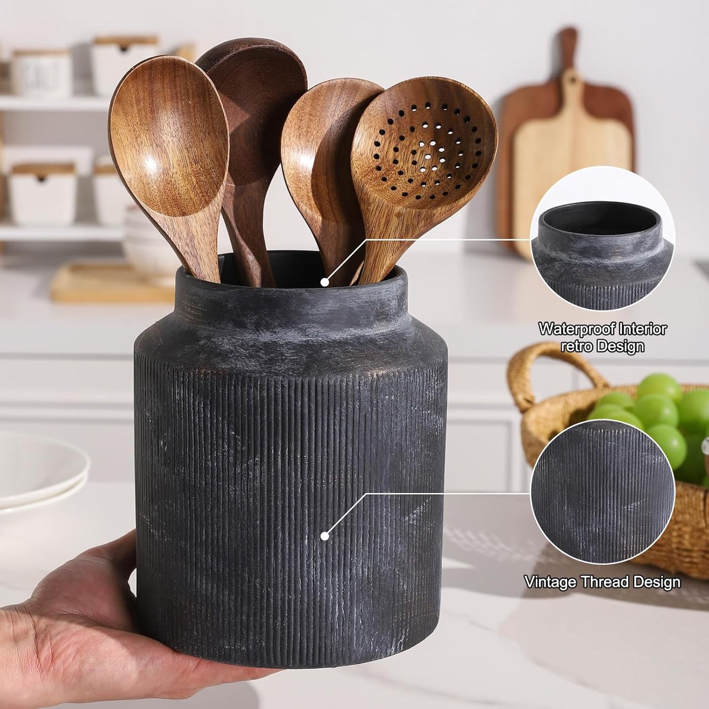 Farmhouse Ceramic Farmhouse Kitchen Utensil Holder for Countertop, Rustic Cooking Utensil Holder Crock Fit for Kitchen Counter. 6.1 x 6.1 x 7 IN