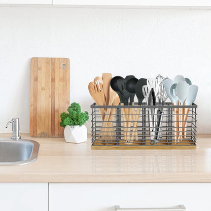 Suli Extra Large Kitchen Utensil Holder Countertop with 4 Compartments,Matte Black Metal holder with Wooden Base for Countertop,Farmhouse Utensil Organizer for counter,Rustic Cooking Utensil Organizer