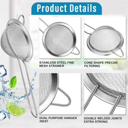 Epakh 9 Packs Stainless Steel Small Strainer, Fine Mesh Steel Cone Shaped Cocktail Strainer for Juice, Tea Herbs, Coffee Drinks, Long Handle Coffee Food, 3.2 Inches Silver