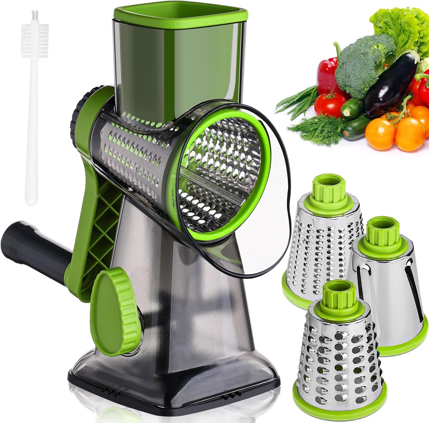 HANSGO Rotary Cheese Grater Hand Crank, Shredder Slicer Grinder, 3 Large Diameter Metal Blades & Cleaning Brush, Non-slip Suction Base, Labor-Saving Handle, Kitchen Gadgets for Cheese, Vegetable, Nuts