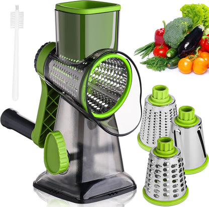 HANSGO Rotary Cheese Grater Hand Crank, Shredder Slicer Grinder, 3 Large Diameter Metal Blades & Cleaning Brush, Non-slip Suction Base, Labor-Saving Handle, Kitchen Gadgets for Cheese, Vegetable, Nuts