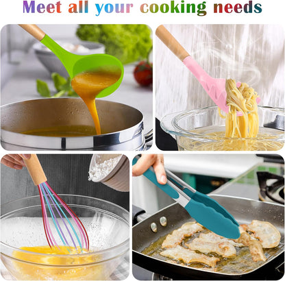 E-far Silicone Cooking Utensils Set, 10-Piece Heat Resistant Kitchen Utensils Set with Wooden Handle for Nonstick Cookware, Kitchen Nonstick Tools Spatula Whisk Tongs Ladle, Non-toxic & Healthy(Khaki)