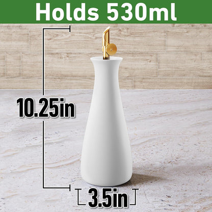 HB Design Co. Ceramic Olive Oil Dispenser with Self-Closing Gold Spout - 530 ML Capacity Matte White Ceramic Oil Dispenser for Kitchen - Leak Proof EVOO Dispensing Bottle
