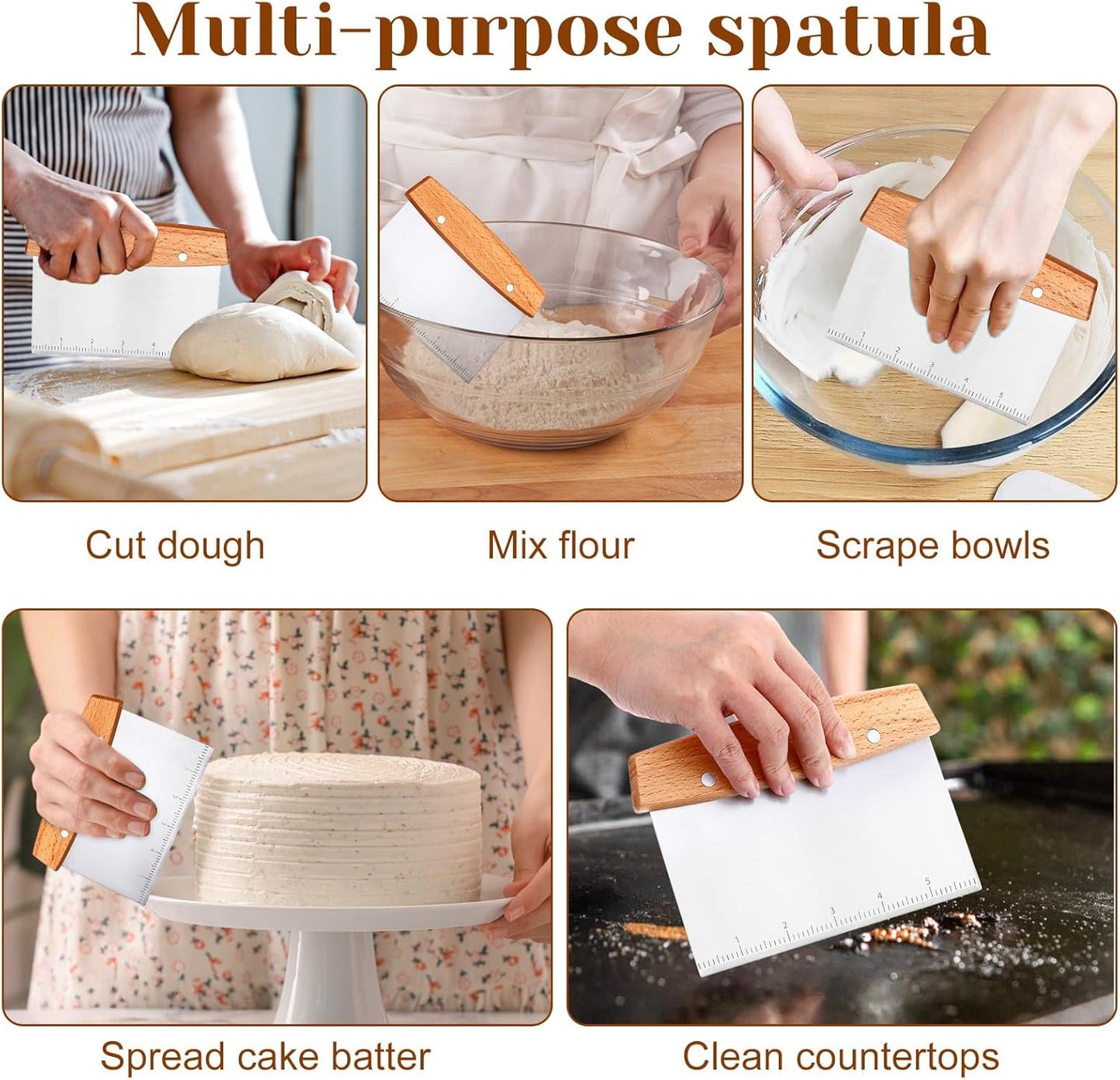 Dough Scraper, Stainless Steel Dough Scraper Cutter, Griddle Scrapers with Wooden Handle, Pizza Cutter for Flat Top Griddle, Bread and Pizza