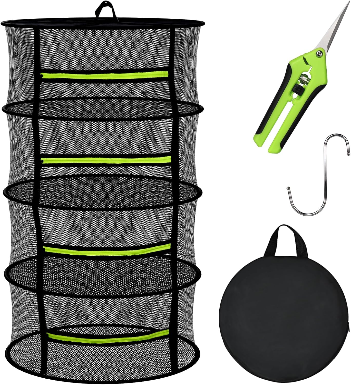 MEKOLIFE Herb Drying Rack Hanging-8 Layer, Collapsible Large Capacity Mesh Net with Green Zipper, Hooks & Bonus Garden Scissors, for Fresh Herbs/Flowers/Plants, Indoor Outdoor Use (23.62")