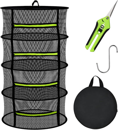 MEKOLIFE Herb Drying Rack Hanging-8 Layer, Collapsible Large Capacity Mesh Net with Green Zipper, Hooks & Bonus Garden Scissors, for Fresh Herbs/Flowers/Plants, Indoor Outdoor Use (23.62")