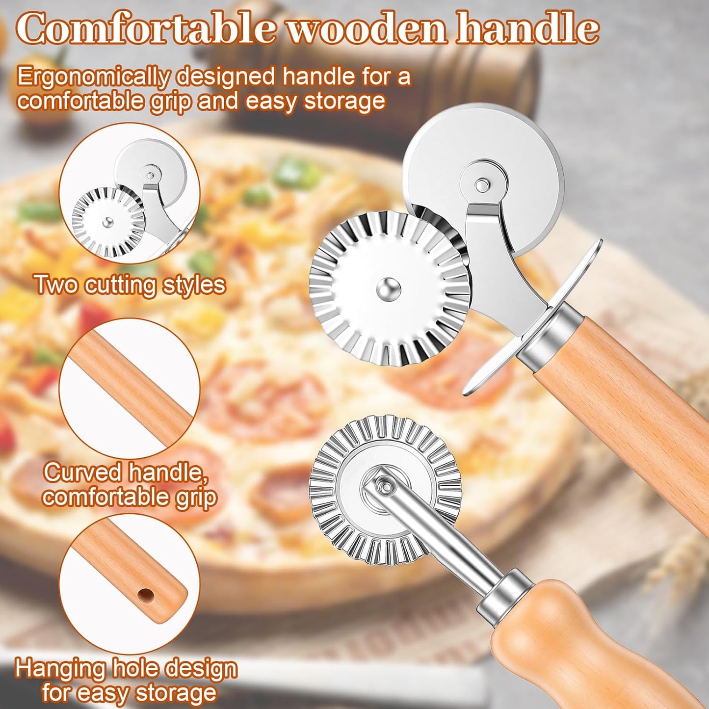 Qianyu 2 Pcs Double Fluted Pasta Cutter Pastry Wheel Cutter Stainless Steel Ravioli Crimper Edge Cheese Slicers Wheel with Wooden Handle for Home Kitchen Making Pastry Pizza Cookie Pasta Tools