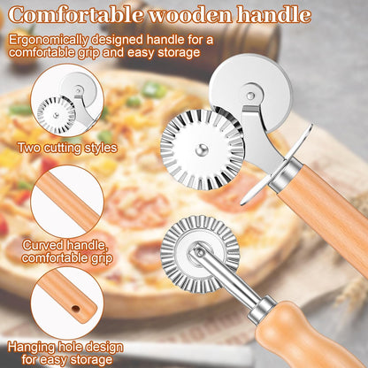 Qianyu 2 Pcs Double Fluted Pasta Cutter Pastry Wheel Cutter Stainless Steel Ravioli Crimper Edge Cheese Slicers Wheel with Wooden Handle for Home Kitchen Making Pastry Pizza Cookie Pasta Tools