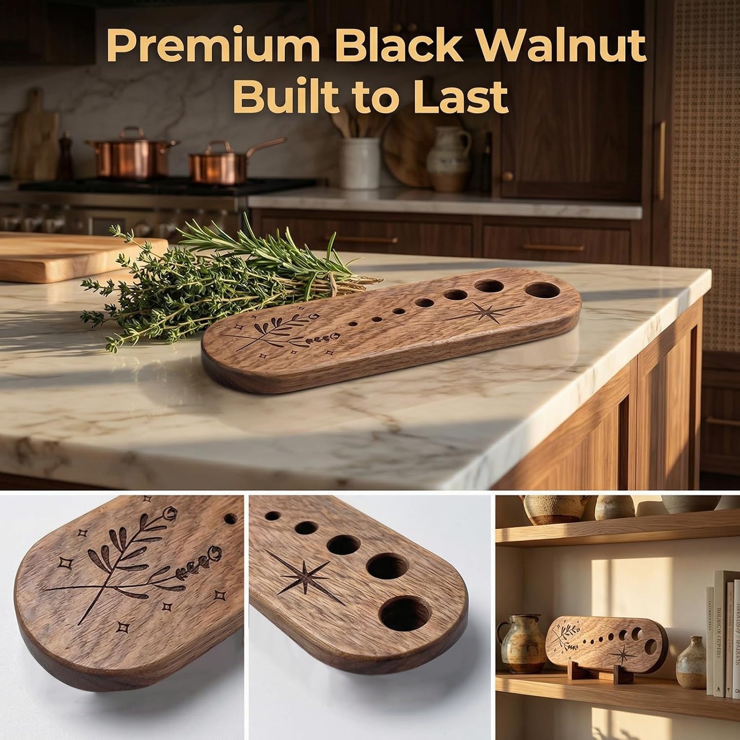 Herb Stripper with 7-Hole Leaf Separator & Black Walnut Chopper, Herb Prep Tool for Kale, Chard, Collard Greens, Rosemary, Mint and Thyme