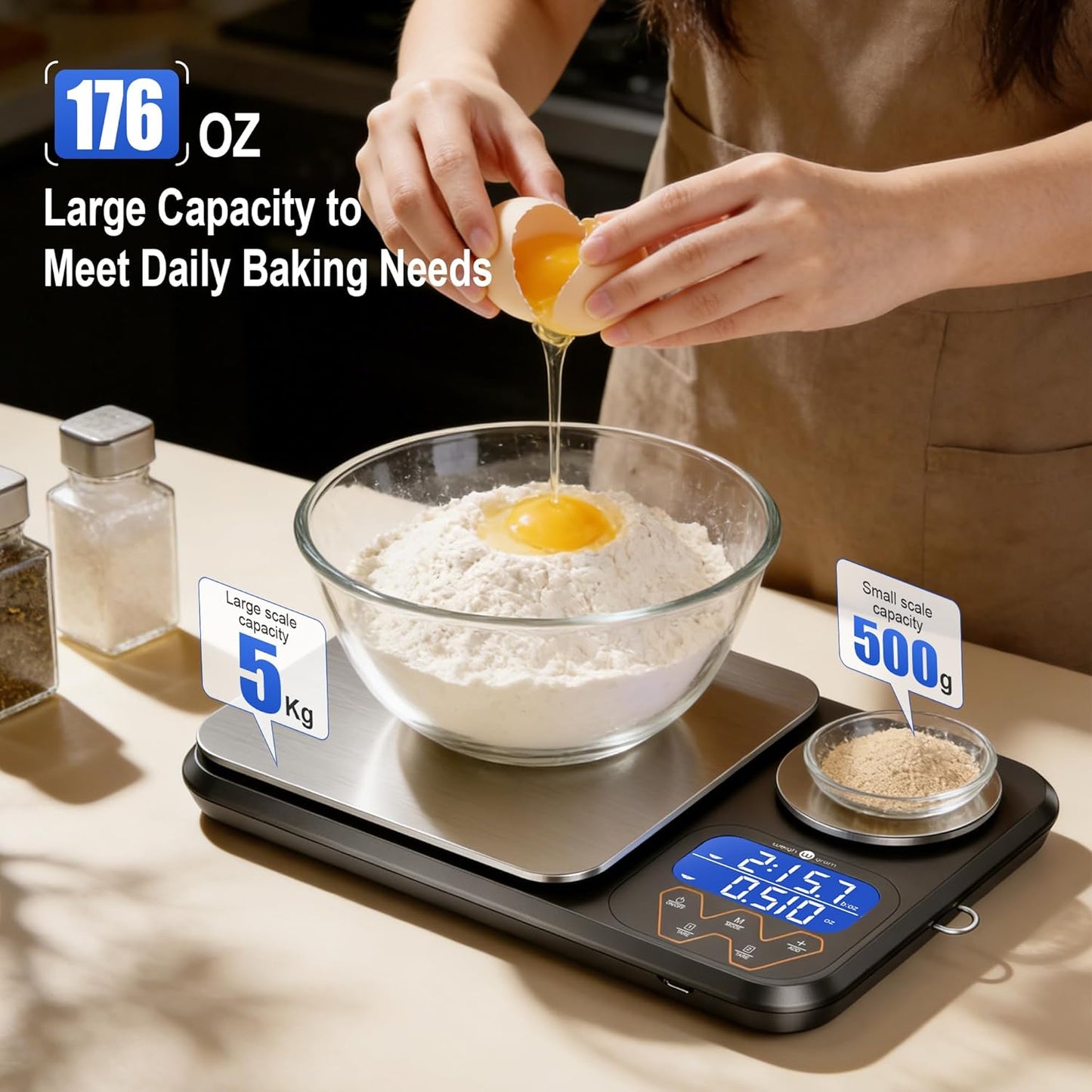 Rechargeable 0.01g/5kg Dual Platform Food Kitchen Scales Digital Weight Grams and Ounces, Two Precisions Kitchen Scale for Sourdough Bread, Baking and Cooking with 3 Units Tare, Accumulation Functions