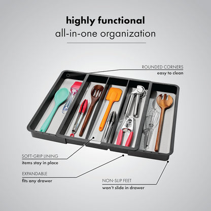madesmart Expandable Utensil Tray, 8 Compartment Organizer for Forks, Knives & Spoons, Deep Storage for Ladles, Whisks & Serving Tools Non Slip, Soft Grip Base, Expands to Fit Most Drawers, Carbon