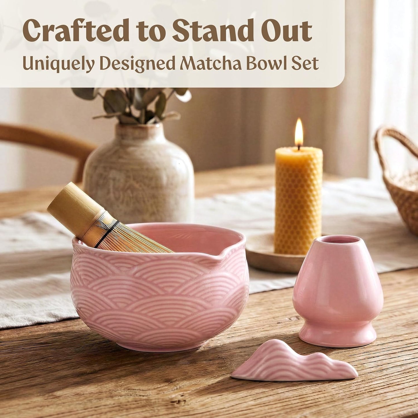 EDELHAUS Matcha Kit Whisk Set (7 Pcs) - Complete Matcha Set, Matcha Bowl with Spout, Whisk with Holder, Bamboo Scoop with Rest and Sifter, Perfect Kit for Matcha Lovers (Sakura Pink)