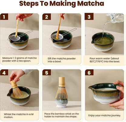 Matcha Whisk Set, Ceramic Matcha Kit Desert Style, Matcha Whisk and Bowl, Bamboo Scoop and Rest, Sifter and Tea Towel, 7 Pcs Gifts for Matcha Lover - Matte Black