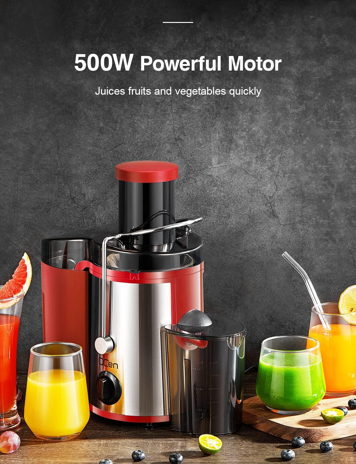 Qcen Juicer Machine, 500W Centrifugal Juicer Extractor with Wide Mouth 3” Feed Chute for Fruit Vegetable, Easy to Clean, Stainless Steel, BPA-free (Black)