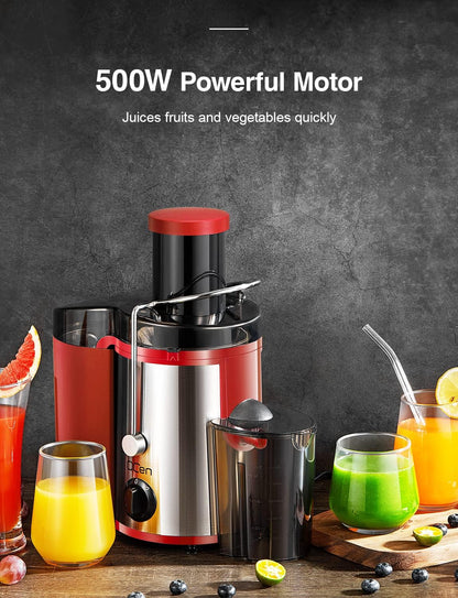 Qcen Juicer Machine, 500W Centrifugal Juicer Extractor with Wide Mouth 3” Feed Chute for Fruit Vegetable, Easy to Clean, Stainless Steel, BPA-free (Black)