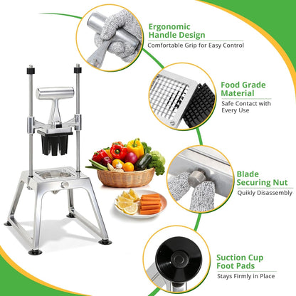 Commercial Vegetable Chopper & French Fry Cutter, Stainless Steel Manual Dicer, 3 Blades (1/4", 3/8", 8-Wedge), Suction Base, Fast Tomato Onion Potato Cutter for Restaurant & Home Kitchen