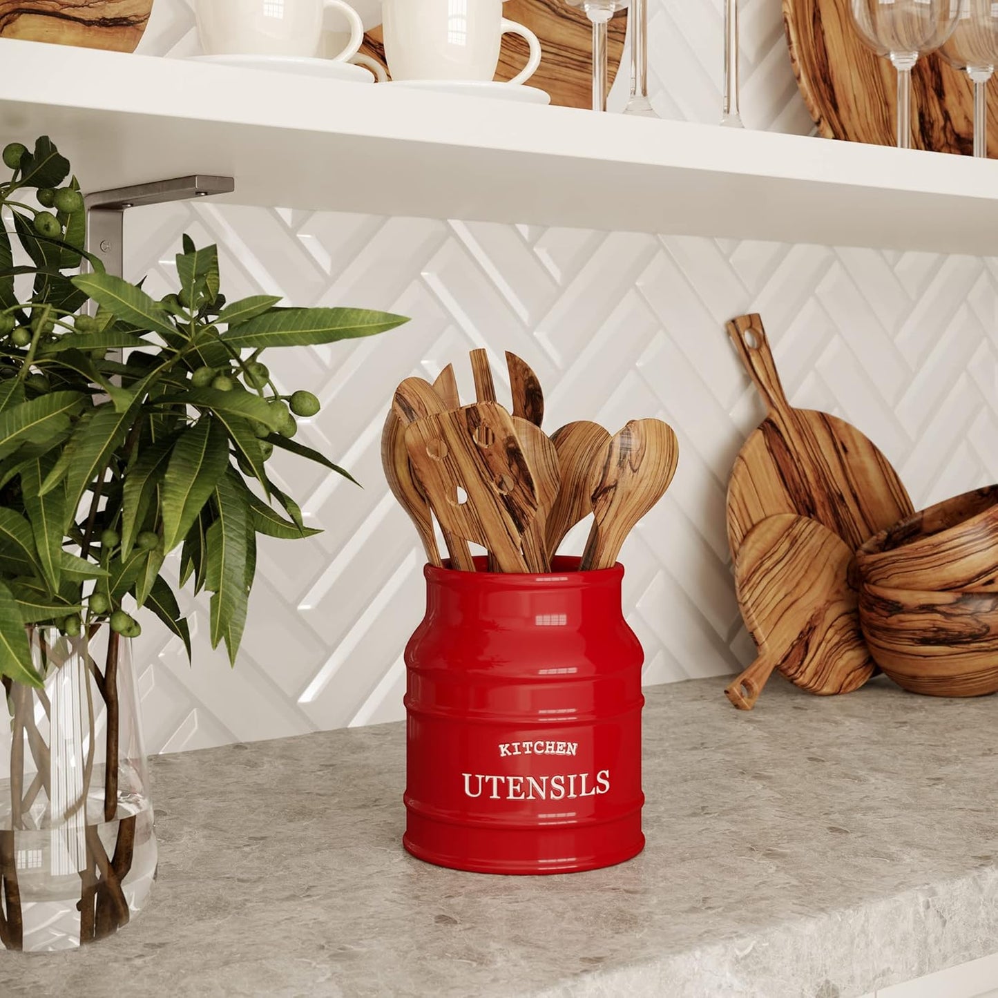 Barnyard Designs Ceramic Farmhouse Utensil Holder for Kitchen Counter, Large Rustic Utensil Crock, Countertop Cooking Tool Spatula Organizer, 6.75” (Taupe)
